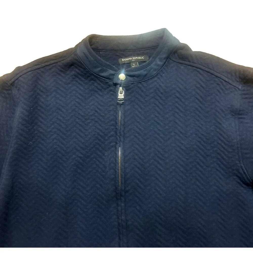 Banana Republic Men L Chevron Full Zip Snap button Cotton Blend Navy Blue Pocket